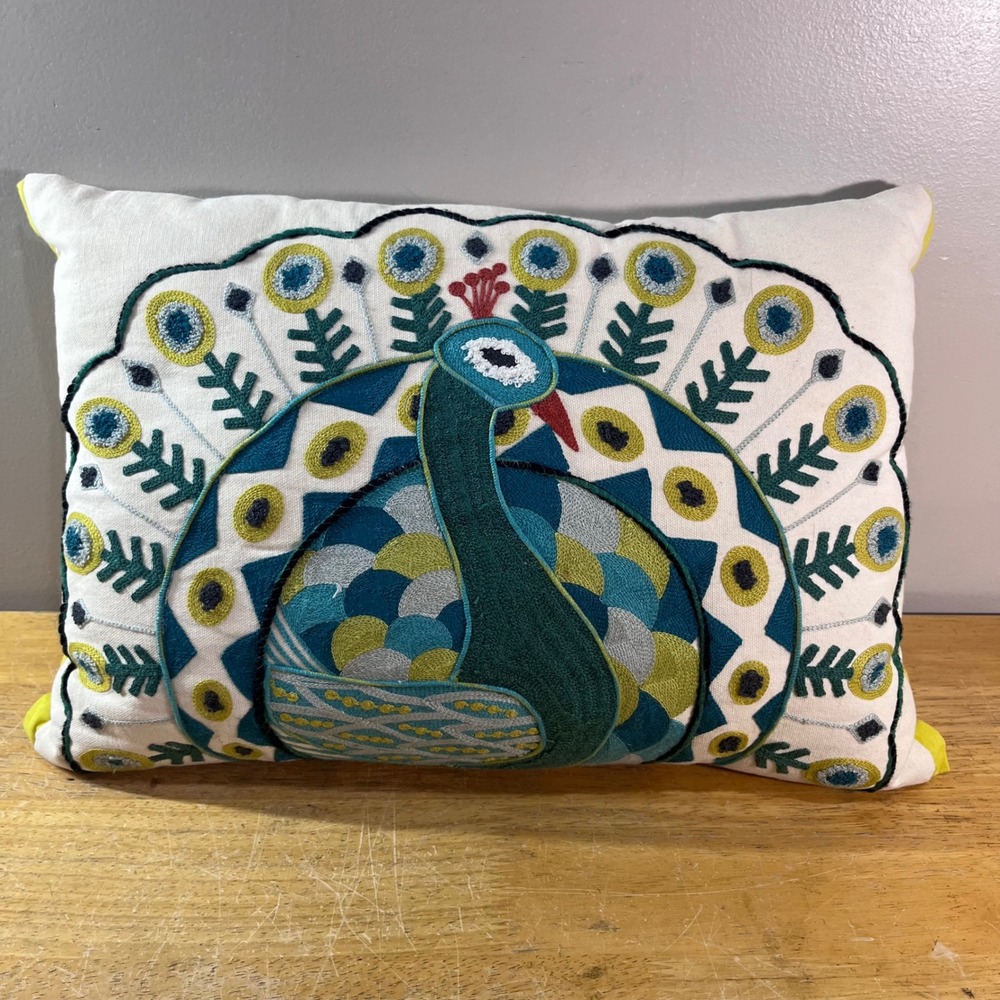 Pier 1 Peacock Throw Pillow White Teal Yellow Embroidered Boho Crewel Accent